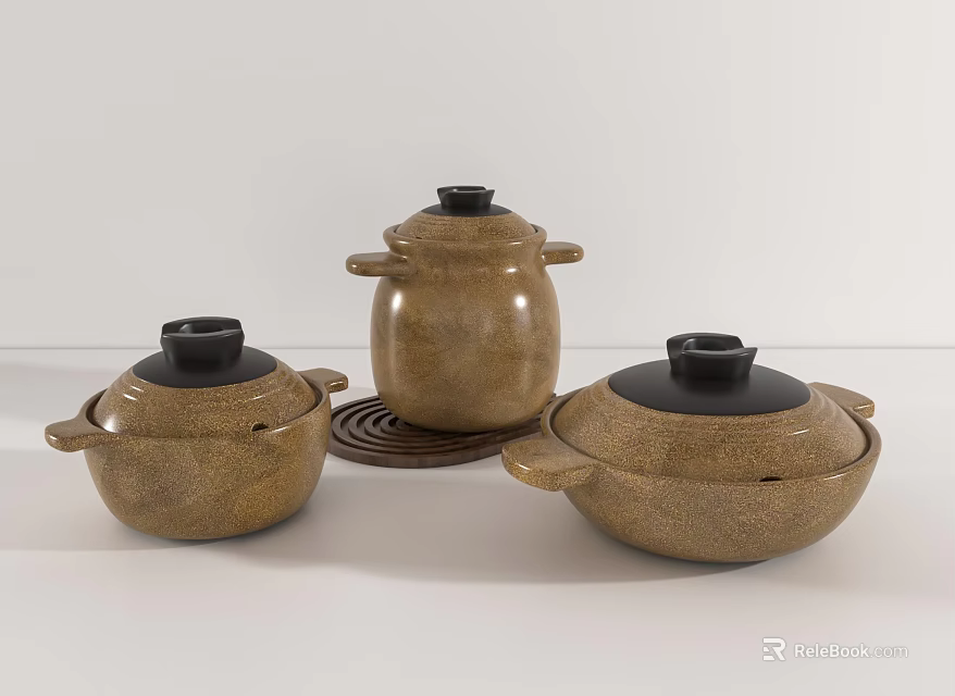 Set of Three Brown Casserole Pots With Black Lids And Handles For Home Kitchen 3d model 