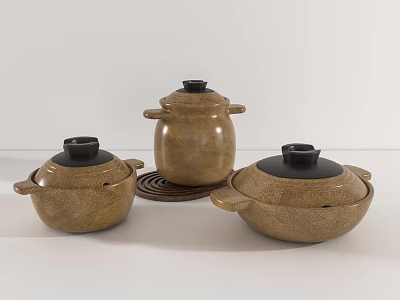 Set of Three Brown Casserole Pots With Black Lids And Handles For Home Kitchen 3d model