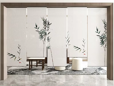 Modern Sheer Curtains With Bamboo Print In Interior With Wooden Stool And Gray Rug 3d model