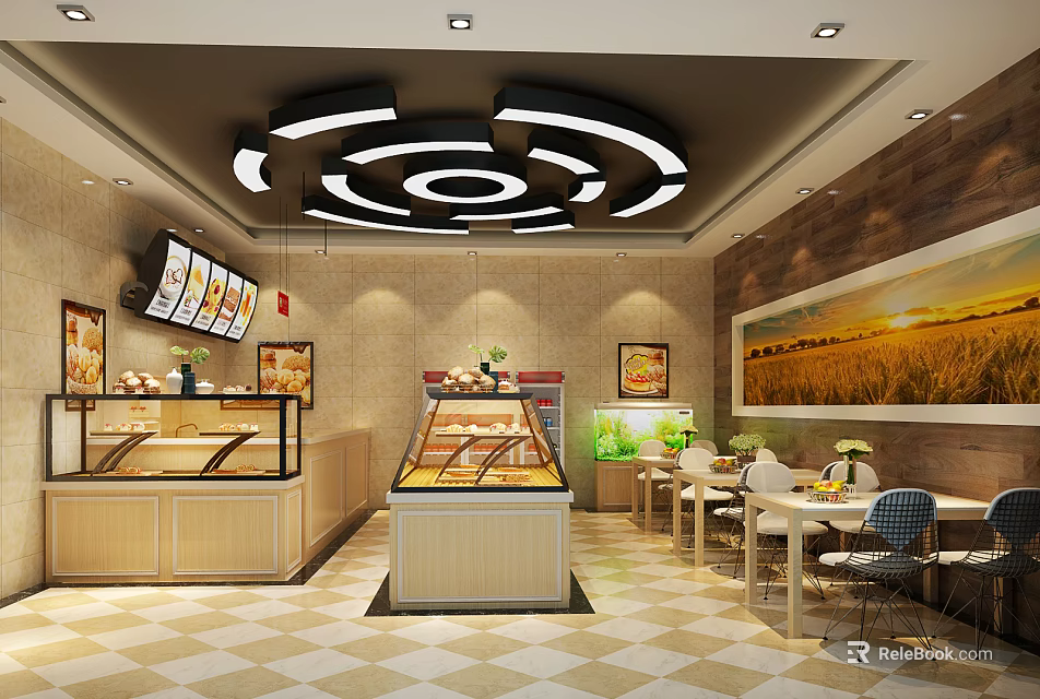 Warm Dessert Shop Interior With Pastry Display Cases Tables Chairs Ceiling Lights And Decorative Paintings 3d model 