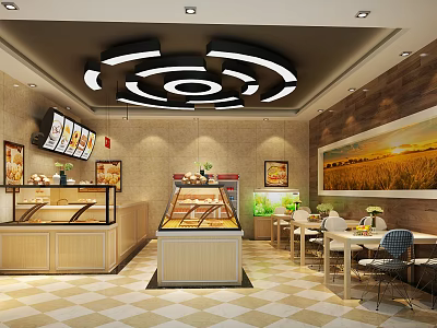 Warm Dessert Shop Interior With Pastry Display Cases Tables Chairs Ceiling Lights And Decorative Paintings 3d model