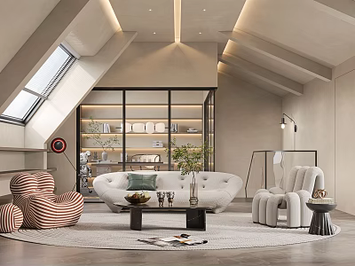 Modern Living Room With Sloped Ceiling Skylight Glass Bookshelf White Sofa Striped Armchair Round Rug 3d model