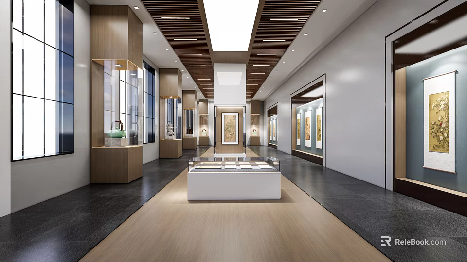 Cultural Center Interior With Spacious Hall Display Cabinets Artworks And Lighting Design 3d model 