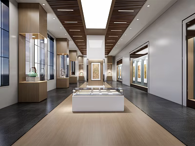 Cultural Center Interior With Spacious Hall Display Cabinets Artworks And Lighting Design 3d model