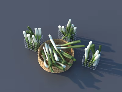 Fresh Green And White Scallions In Wicker Basket And Metal Mesh Baskets On Gray Background 3d model