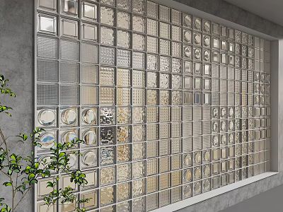 Modern Glass Block Background Wall Design With Decorative Glass Blocks And Green Plants 3d model