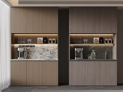 Modern Sideboard Double Cabinets With Open Shelves Wine Glasses Coffee Machine Marble Backdrop Wooden Tones 3d model