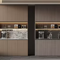 Modern Sideboard Double Cabinets With Open Shelves Wine Glasses Coffee Machine Marble Backdrop Wooden Tones