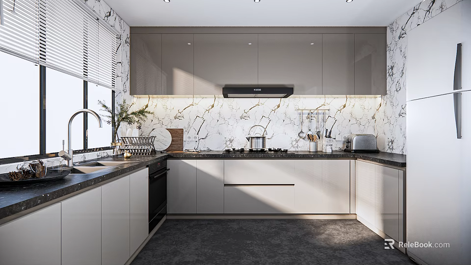 Modern Kitchen Interior Design With Marble Countertop Gray Cabinets And Appliances 3d model 