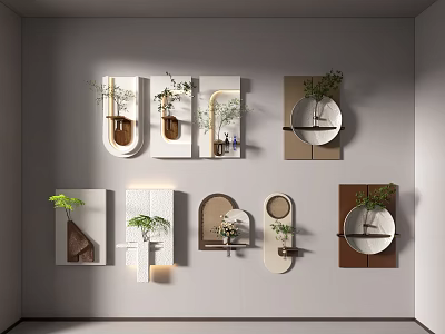 Creative Modern Wall Decor with Various Shapes Green Plants and Neutral Tones 3d model