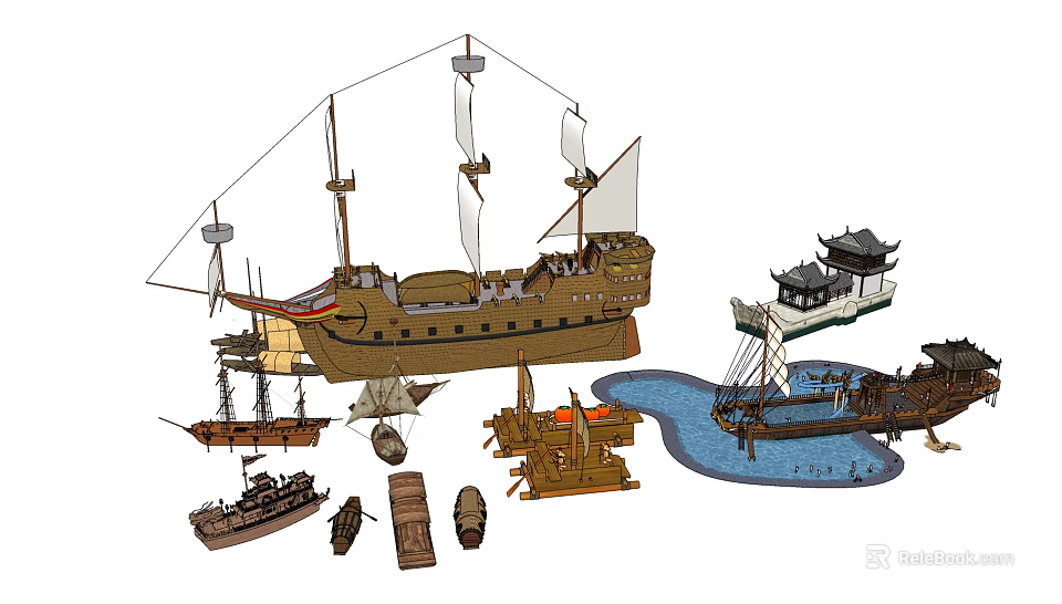Traditional Wooden Ships with Sails Small Boats Oars and Chinese Pavilion Near Pond 3d model 
