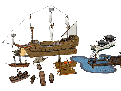 Traditional Wooden Ships with Sails Small Boats Oars and Chinese Pavilion Near Pond 3d model