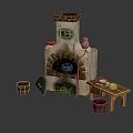 Rustic Stone Hearth Scene With Clay Pot Wooden Table And Buckets