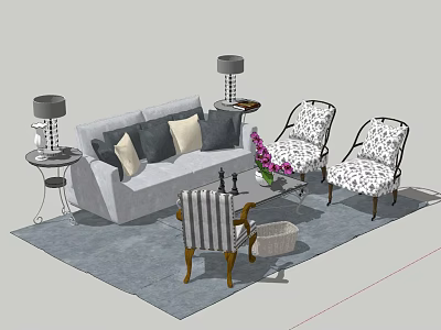 Elegant Sofa Coffee Table Set with Gray Sofa Cushions Patterned Chairs and Flower Vase 3d model