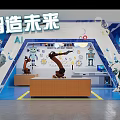 Innovative Tech Classroom With Blue Walls Gear Decorations Globe Lights And Robot Arms