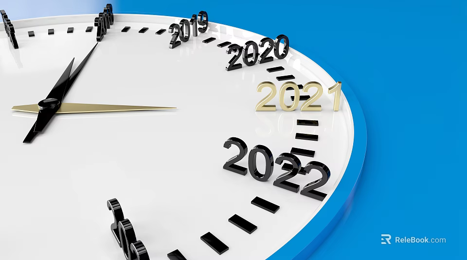 Ornamental Decor Combination With Clock Year Numbers 2019 2020 2021 2022 White Dial Blue Background 3d model 