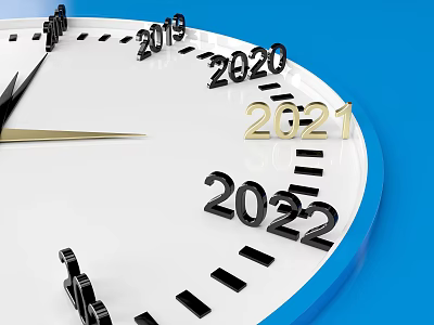 Ornamental Decor Combination With Clock Year Numbers 2019 2020 2021 2022 White Dial Blue Background 3d model