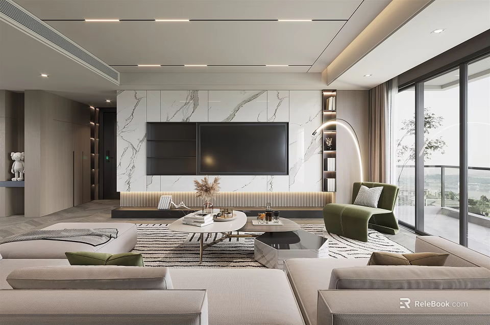 Modern Elegant Living Room Interior With Marble TV Wall And Comfortable Sofa 3d model 
