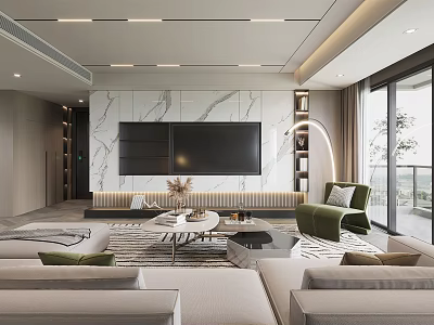 Modern Elegant Living Room Interior With Marble TV Wall And Comfortable Sofa 3d model