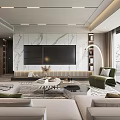 Modern Elegant Living Room Interior With Marble TV Wall And Comfortable Sofa