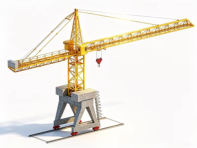 Industrial Equipment Yellow Tower Crane with Concrete Base Ladder Tracks and Hook 3d model