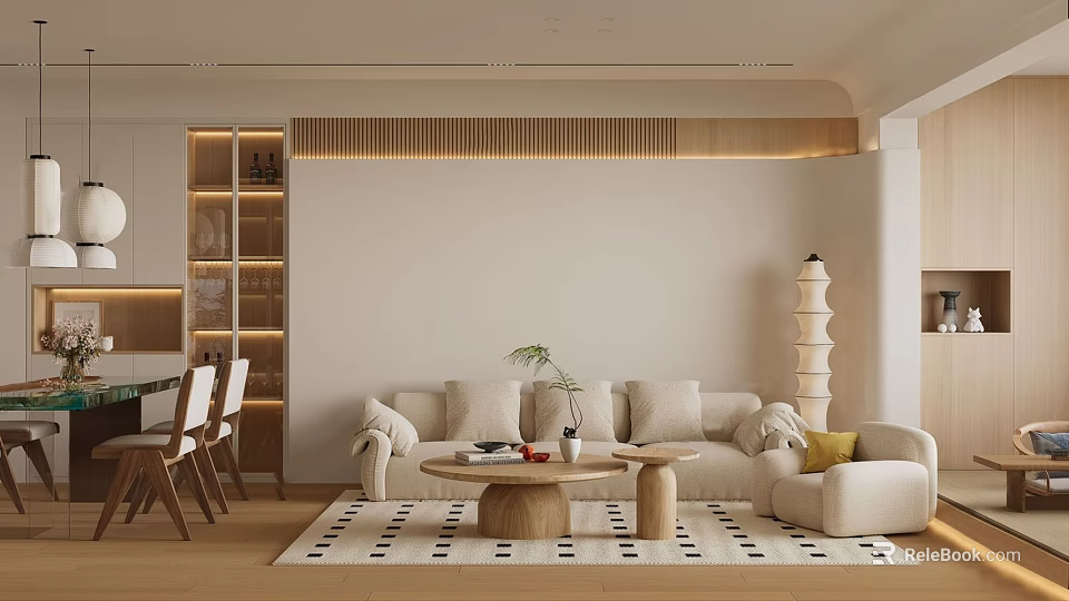 Cozy Modern Living Dining Room Interior With Beige Sofa Wooden Coffee Table And Dining Chairs 3d model 