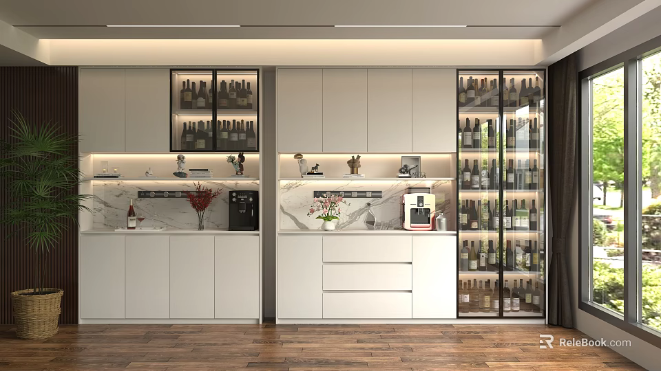 Modern Kitchen Wine Cabinet With Glass Doors And White Cabinets Displaying Wine Bottles 3d model 
