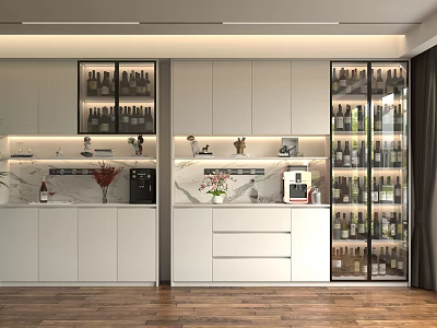 Modern Kitchen Wine Cabinet With Glass Doors And White Cabinets Displaying Wine Bottles 3d model