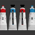 Art Color Paint Tubes With Red Blue Labels And Colorful Caps On Reflective Black Background