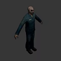 3D Model Of Bald Man With Exaggerated Grin In Dark Coat And Badge