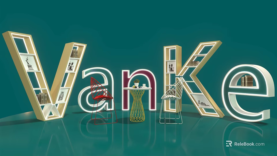 Vanke 3D Letter Display With Bookshelves Chairs Table And Modern Interior 3d model 