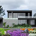 Modern Detached Villa With Large Glass Windows Gray Exterior And Colorful Garden