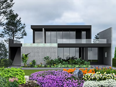 Modern Detached Villa With Large Glass Windows Gray Exterior And Colorful Garden 3d model