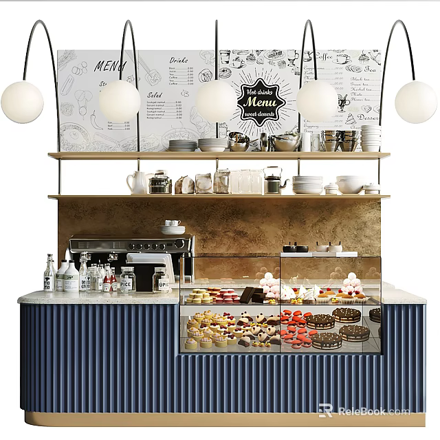 Bar Counter With Hanging Pendant Lights Menu Board Coffee Equipment And Dessert Display Case 3d model 