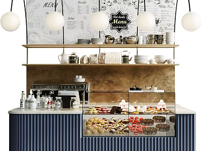 Bar Counter With Hanging Pendant Lights Menu Board Coffee Equipment And Dessert Display Case 3d model
