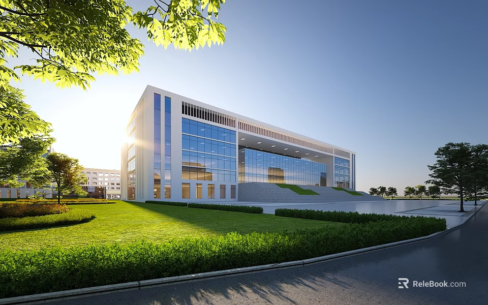 Modern School Building Exterior With Glass Curtain Walls Green Lawn And Trees 3d model 