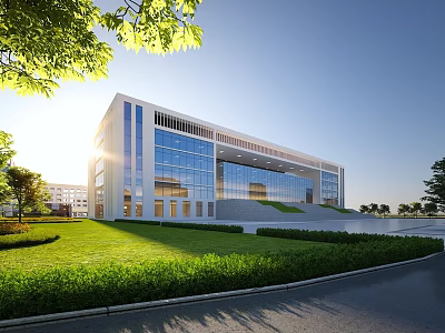 Modern School Building Exterior With Glass Curtain Walls Green Lawn And Trees 3d model