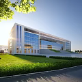 Modern School Building Exterior With Glass Curtain Walls Green Lawn And Trees