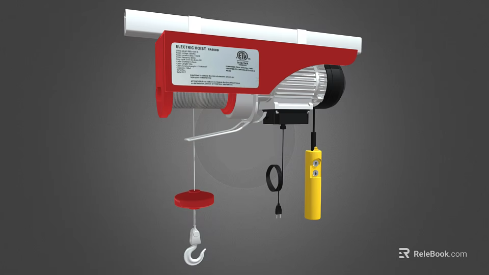 Red And White Electric Hoist With Motor Hook Remote Control And Cable 3d model 