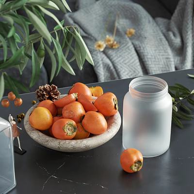 Ceramic Bowl with Persimmons Green Leaves Pine Cones and Transparent Glass Jar on Dark Tabletop 3d model