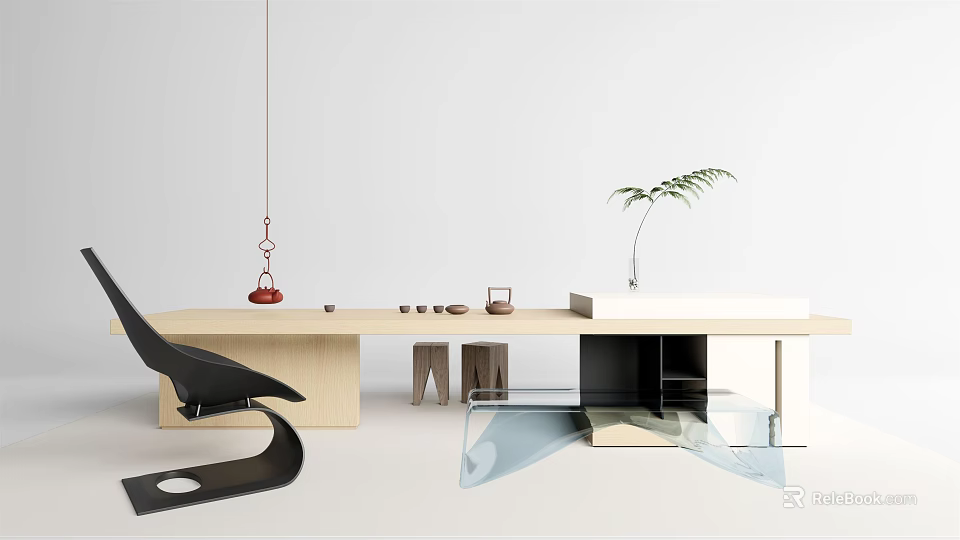 Modern Wooden Tea Table and Black Chairs with Decorative Plant and Tea Utensils 3d model 