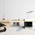 Modern Wooden Tea Table and Black Chairs with Decorative Plant and Tea Utensils