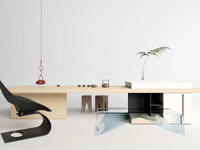 Modern Wooden Tea Table and Black Chairs with Decorative Plant and Tea Utensils 3d model