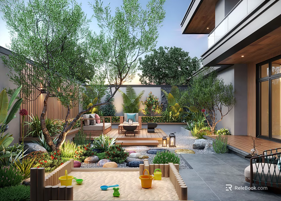 Serene Home Garden With Patio Furniture Lush Plants Sandpit Toys Stone Pathway And Garden Lights 3d model 