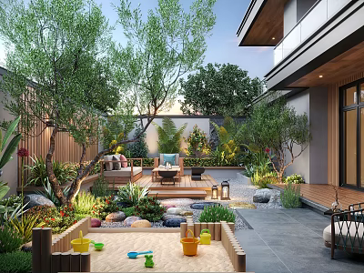 Serene Home Garden With Patio Furniture Lush Plants Sandpit Toys Stone Pathway And Garden Lights 3d model