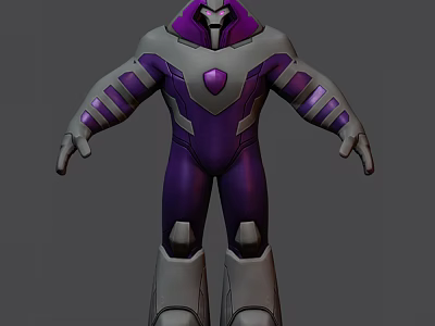 Game Movie Character In Purple And Gray Armor Suit With Chest Gem And Muscular Build 3d model