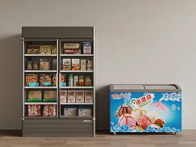 Upright Display Refrigerator And Blue Chest Freezer With Packaged Frozen Foods And Ice Cream 3d model