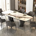 Modern Dining Table Set With Marble Tabletop Six Black Chairs And Stylish Base 3d model