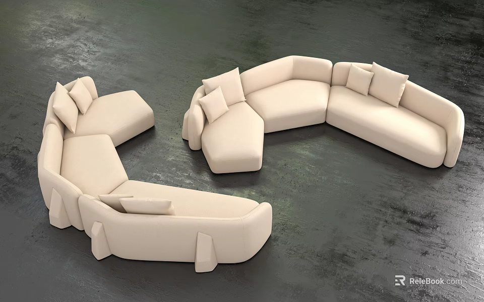 Beige Casual Sofa Set with Curved Design and Plush Cushions on Dark Floor 3d model 