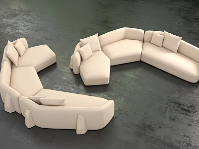 Beige Casual Sofa Set with Curved Design and Plush Cushions on Dark Floor 3d model